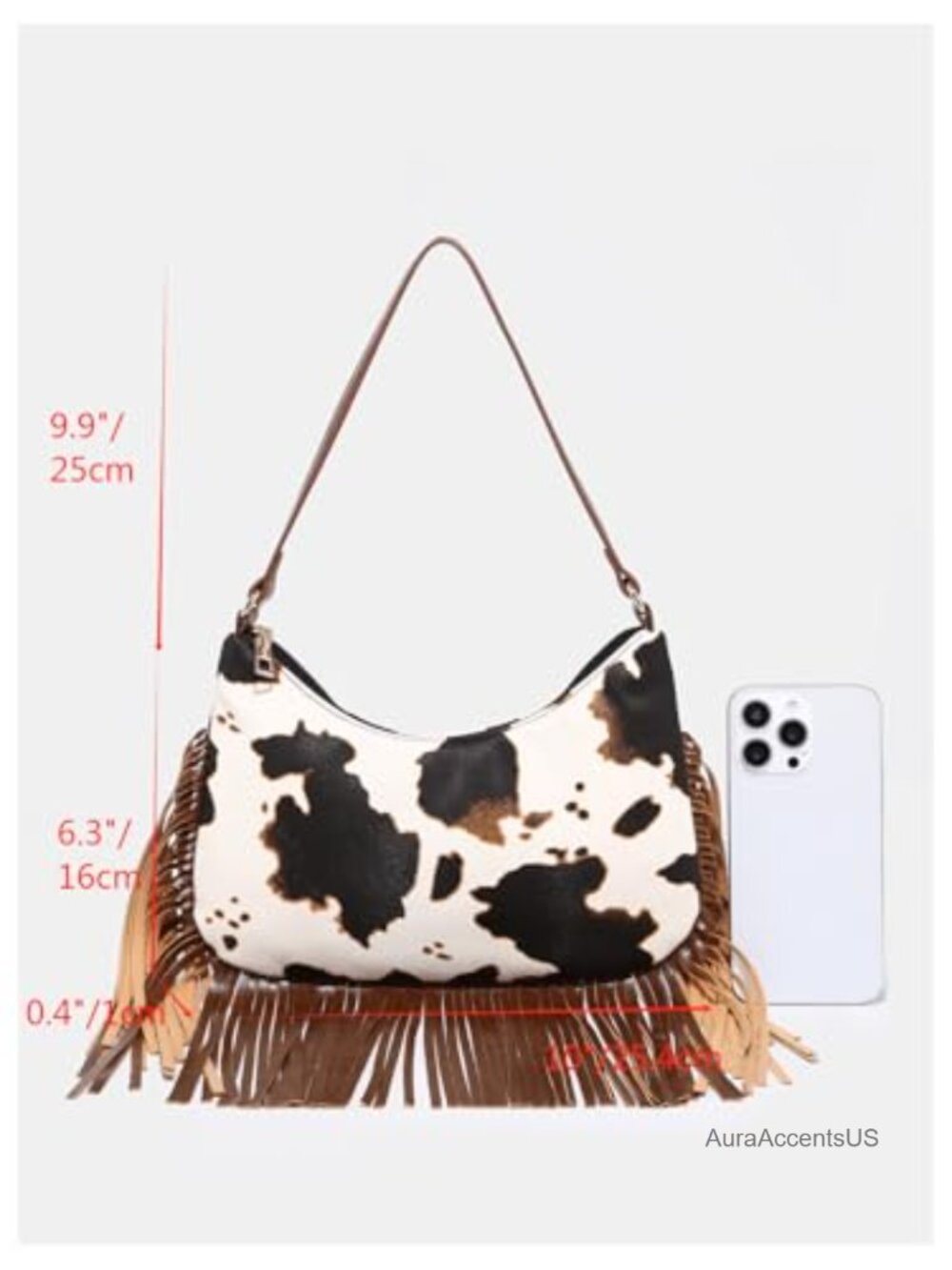 Faux Leather Cow Print Fringe Baguette Handbag with Zipper Closure - Picture 4 of 5